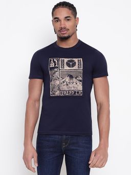Guess - Men Navy Blue Graphic Round Neck T-Shirt