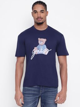 Guess - Men Navy Blue Printed Round Neck T-Shirt
