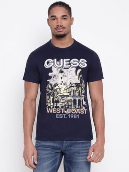 Guess - Men Navy Blue Printed Round Neck T-Shirt