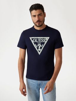 Guess - Men Navy Blue Solid Round Neck T-Shirt