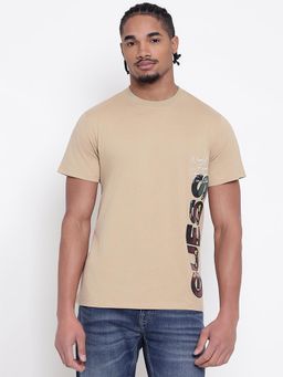 Guess - Men Beige Solid Round Neck T-Shirt