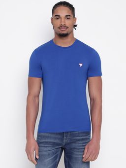 Guess - Men Blue Solid Round Neck T-Shirt