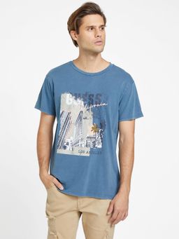 Guess - Men Blue Graphic Round Neck T-Shirt