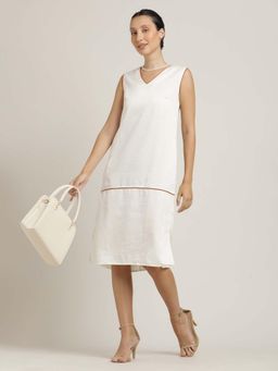 Saltpetre - Women Tencel Off White with Orange Piping Knee Length Dress