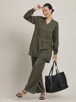 Saltpetre - Women Tencel Green Pintuck V-Neck A-Line Co-Ord Set