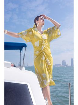 SEW - Lemon Yellow Tropical Ruched Dress