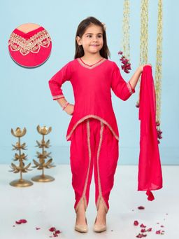 Pehanaava - Pink Solid Asymmetrical Kurti with Dhoti and Dupatta