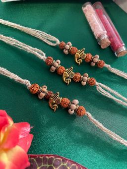 Digital Dress Room - Gold Ganesh Rudraksh Rakhi (Pack of 3)
