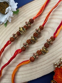 Digital Dress Room - Gold Ganesh Rudraksh Rakhi (Pack of 3)