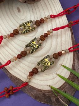 Digital Dress Room - Gold Ganesh Rudraksh Rakhi (Pack of 3)