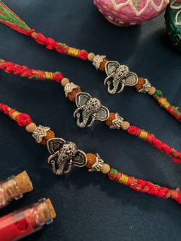 Digital Dress Room - Multi-Color Ganesh Rudraksh Rakhi (Pack of 3)