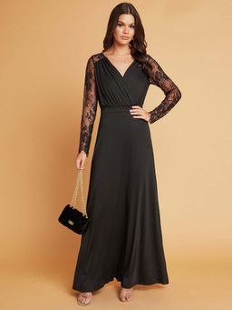 Styli - Black Lace Detail Long Sleeves A-line Maxi Dress