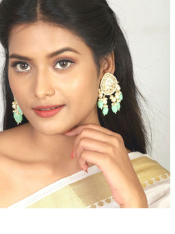 Laida - Mint Green Tear Drop Shaped Drop Earrings With Pearl Drops