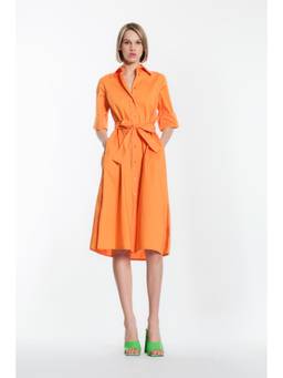 Khushboo & Pankaj - Women's Solid Orange Shirt Dress with Waist Tie