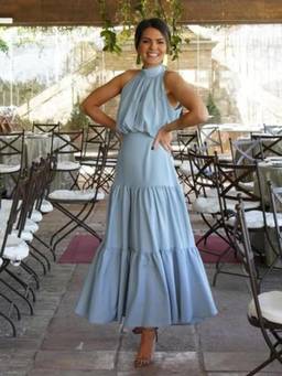 Khushboo & Pankaj - Powder Blue Banana Crepe Halter Neck Tiered Summer Dress