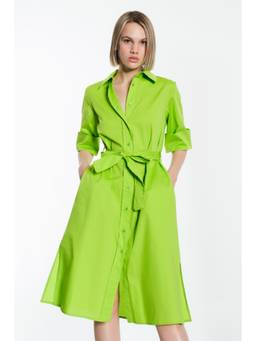 Khushboo & Pankaj - Women's Solid Green Shirt Dress with Waist Tie