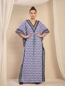 First Resort by Ramola Bachchan - Blue And White Triangle Geometric Print Full Length Kaftan