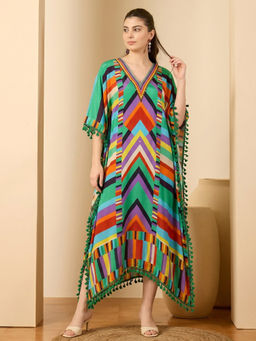 First Resort by Ramola Bachchan - Green And Cyan Striped Mid Length Kaftan