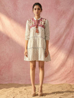First Resort by Ramola Bachchan - Multi-Color Embroidered Peasant Mini Dress