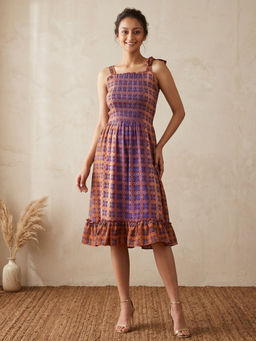 First Resort by Ramola Bachchan - Brown Printed Smocked Sun Knee Length Dress
