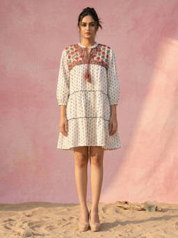 First Resort by Ramola Bachchan - Multi-Color Embroidered Peasant Mini Dress