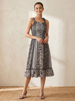 First Resort by Ramola Bachchan - Black and Grey Smocked Sunmidi Dress