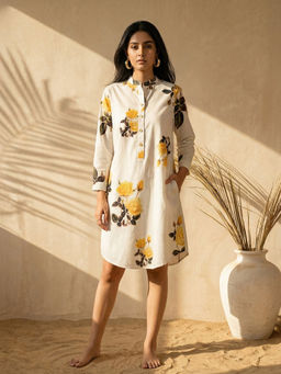First Resort by Ramola Bachchan - Yellow Floral Shirt Mini Dress