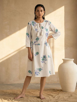 First Resort by Ramola Bachchan - White and Green Cross Stitch Floral Printed Dress