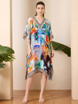 First Resort by Ramola Bachchan - Blue And Orange Abstract Mid Length Kaftan