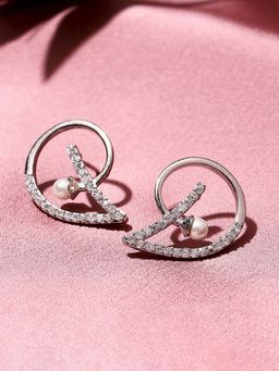 Voylla - American Diamond CZ White Gold Plated Pearl Brass Stud Earrings