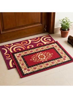 Athom Living - Maroon Floral Premium Anti Skid Door Mats (Pack of 2)