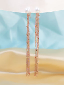Adwitiya - Rose Gold Plated Tasselled White Pearl Stud Dangle Earrings