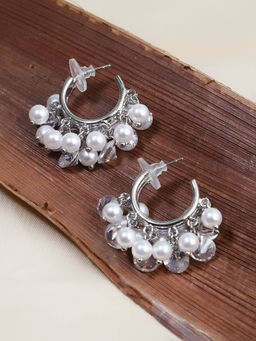 Adwitiya - Women Silver-Plated CZ Stone Pearl Beaded Drop Earrings