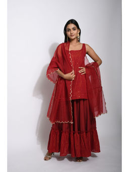 Taro India - Crimson Red Kurta with Skirt and Dupatta (Set of 3)