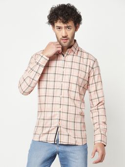 CRIMSOUNE CLUB - Mens Peach Checked Casual Shirt