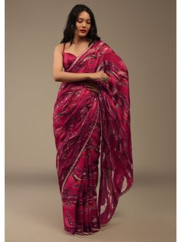 KALKI FASHION - Hot Pink Crepe Organza Sequins Saree With Unstitched Blouse