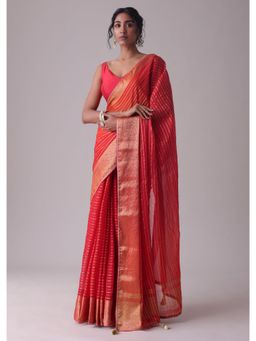 KALKI FASHION - Chinese Red Woven Stripes Saree With Unstitched Blouse