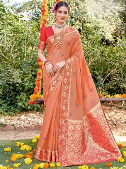 EXCLUSIVA - Peach Cotton Saree with Unstitched Blouse