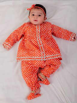BownBee - Girls Infant Cotton Leheriya Print Kurti Harem with Headband and Booties (Set of 4)