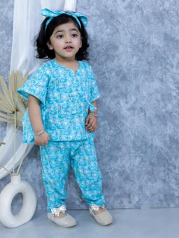 BownBee - Girls Pure Cotton Printed Kaftan with Pant and Headband Set- Blue (Set of 3)