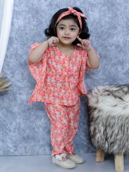 BownBee - Girls Pure Cotton Printed Kaftan with Pant and Headband Set- Pink (Set of 3)