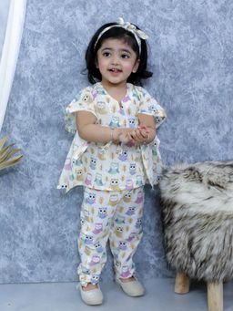 BownBee - Girls Pure Cotton Printed Kaftan with Pant and Headband Set- White (Set of 3)