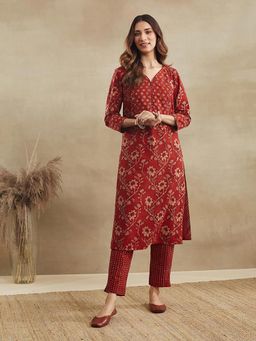 Fabindia - Women Red Cotton Linen Floral Kurta with Pant