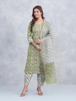 Fabindia - Women Green Cotton Floral Kurta with Salwar and Dupatta