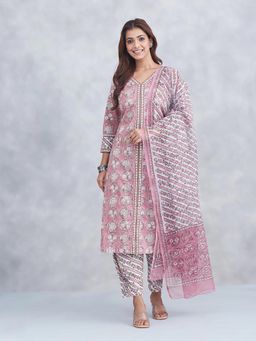 Fabindia - Women Pink Cotton Floral Kurta with Salwar and Dupatta