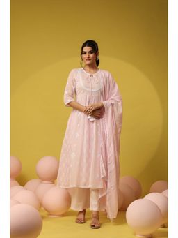 Scakhi - Pink Mulmul Embroidered Anarkali Kurta with Pant and Dupatta