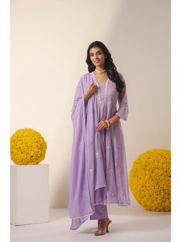 Scakhi - Lavender Mulmul Embroidered and Handwork Anarkali Kurta with Pant and Dupatta