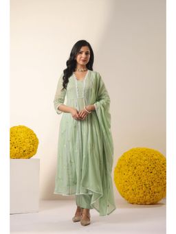 Scakhi - Pistagreen Mulmul Embroidered Anarkali Kurta with Pant and Dupatta