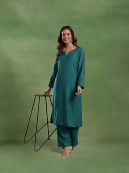 Fabindia - Women Teal Wool Embroidered Kurta with Pant