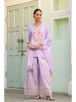 Scakhi - Lavender Mulmul Embroidered Kurta with Palazzo and Dupatta